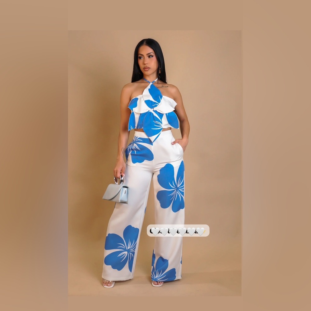 Tropical Blue and White Floral 2 piece set with Halter Neckline